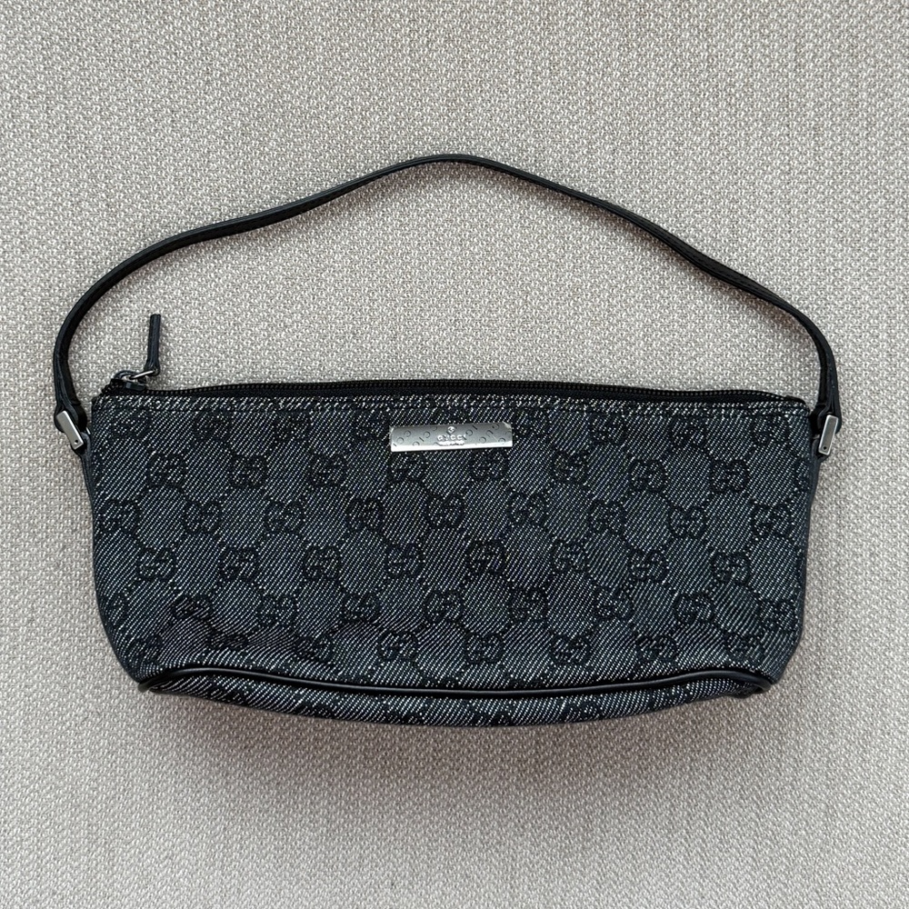 Gucci Black Denim GG Monogram Shoulder Pochette Boat Bag Vintage